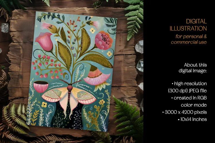 Art Nouveau Botanical Moth Card Illustration