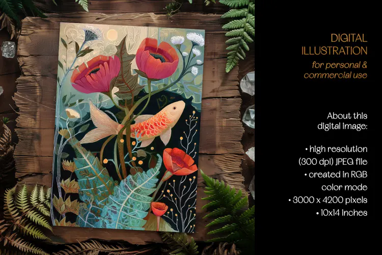 Art Nouveau Botanical Fish Card Illustration