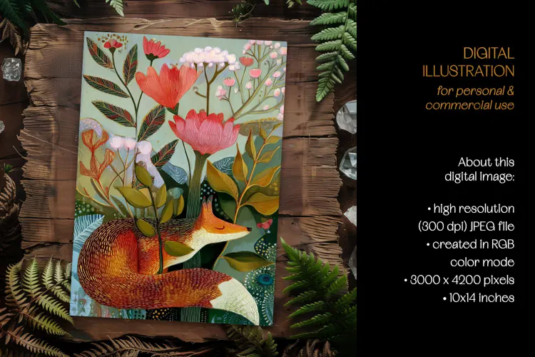 Art Nouveau Botanical Fox Card Illustration