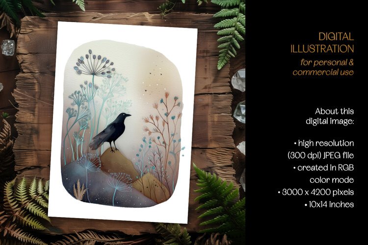 Soft Ink Woodland Crow Card Illustration example image 1