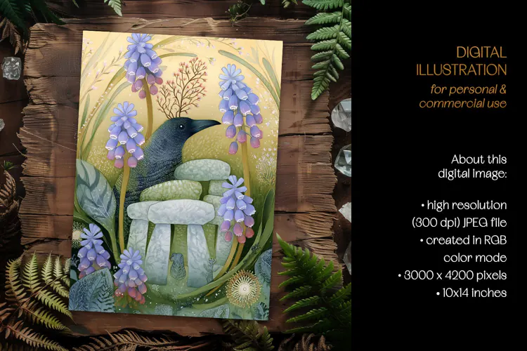 Raven & Muscari at Stonehenge Illustration