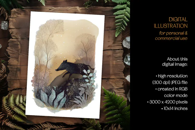Soft Ink Woodland Wild Boar Card Illustration