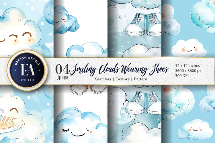 Cartoon Clouds in Shoes Watercolor Seamless Digital Paper
