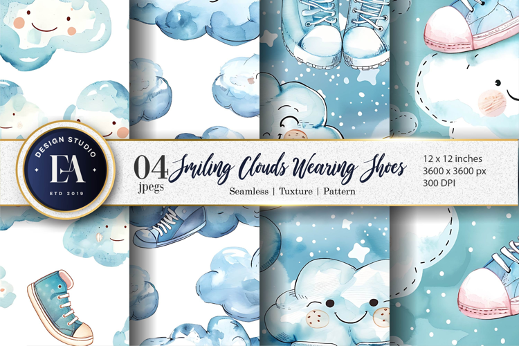 Clouds Wearing Shoes Watercolor Seamless Digital Paper