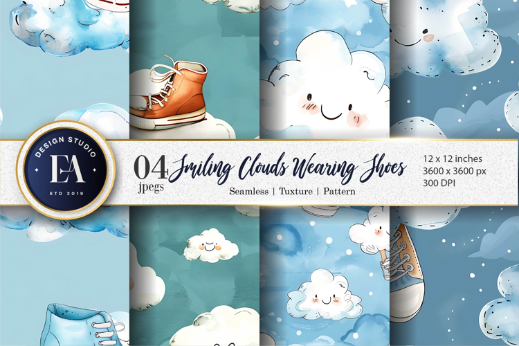 Watercolor Clouds with Shoes Whimsical Pattern Digital Paper