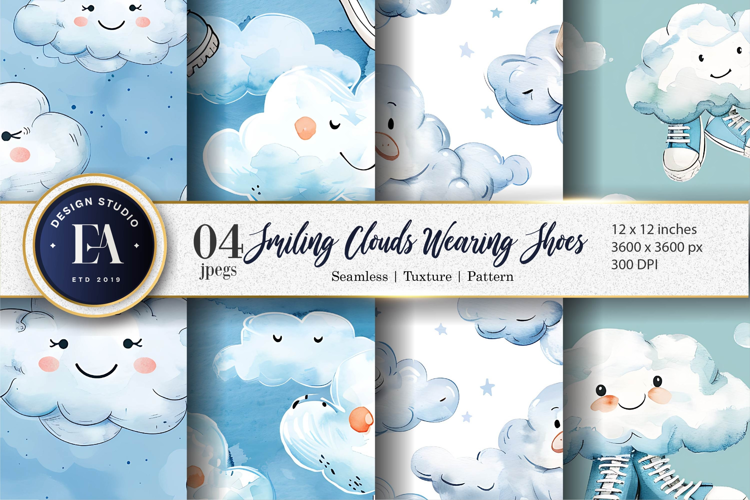 Clouds Wearing Shoes Watercolor Seamless Digital Paper