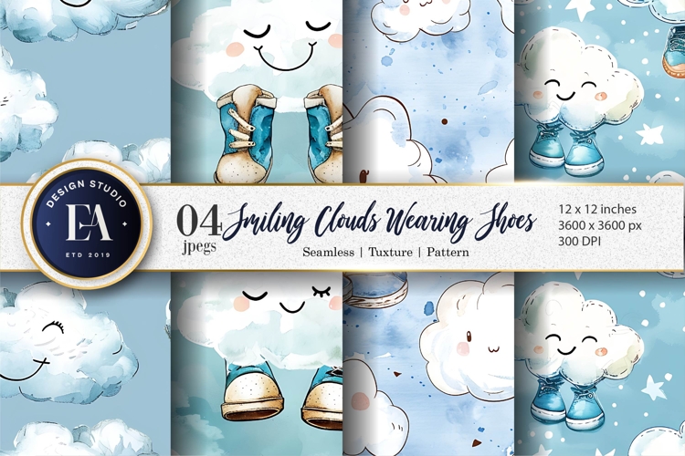 Clouds Wearing Shoes Watercolor Seamless Digital Paper