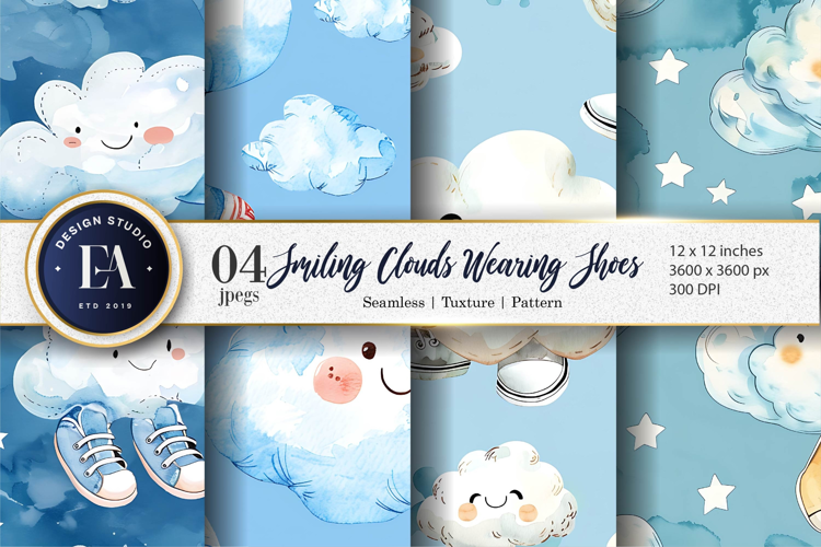 Watercolor Clouds with Shoes Whimsical Pattern Digital Paper