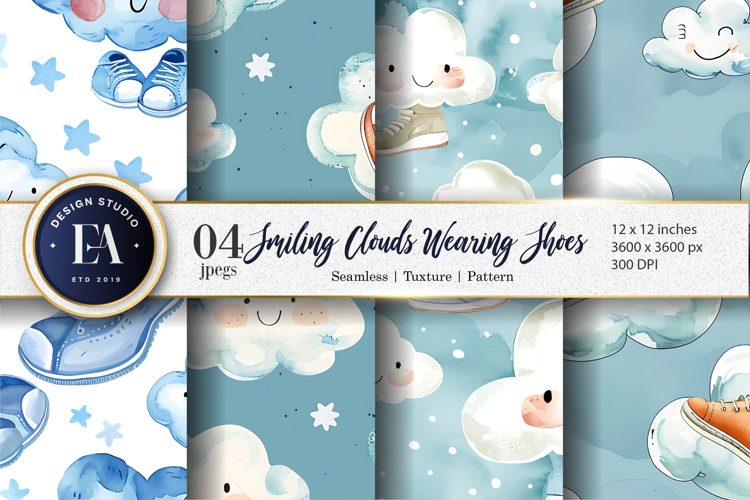 Cartoon Clouds in Shoes Watercolor Seamless Digital Paper