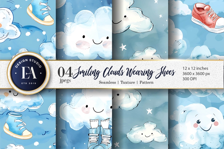 Watercolor Clouds with Shoes Whimsical Pattern Digital Paper