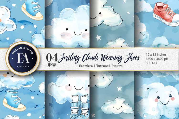 Watercolor Clouds with Shoes Whimsical Pattern Digital Paper