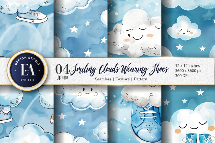 Cartoon Clouds in Shoes Watercolor Seamless Digital Paper