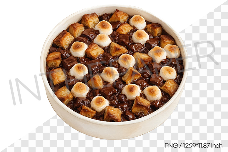 Warm sweet baked smore bread pudding bowl PNG dessert choco