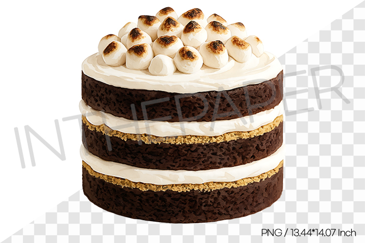 Whole layered chocolate smore cake with marshmallows PNG art