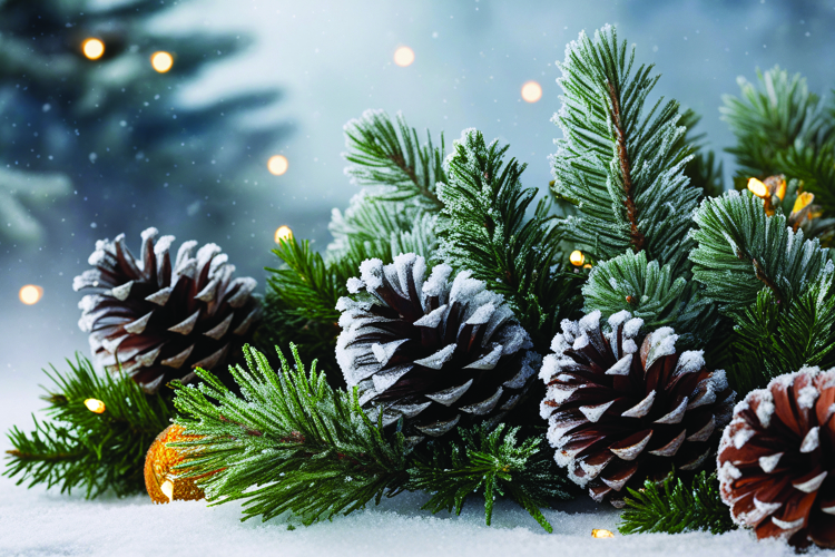 A pine branch with a pinecone and soft bokeh lights in a fes