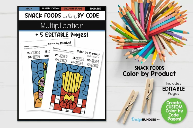 Color by Product - Snack Foods, EDITABLE! Multiplication