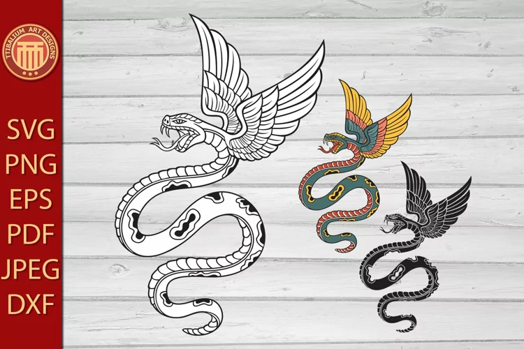 Old School Style Tattoo Snake with Wings - eps, svg files