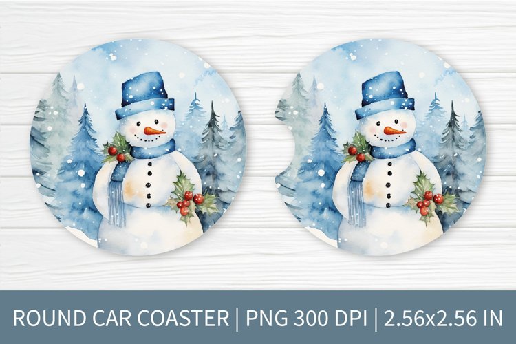 Round Car Coaster Sublimation Design | Christmas Snowman PNG