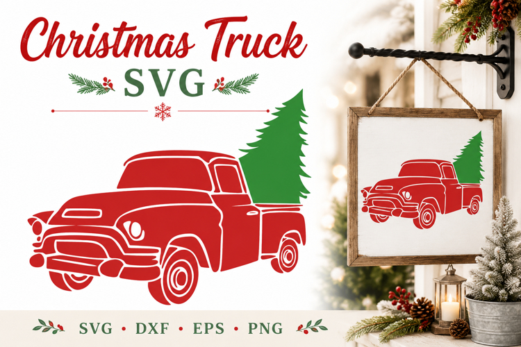 Christmas Truck SVG | Vintage Truck with Tree svg example image 1