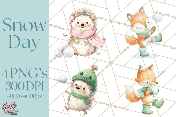 Snow Day Fun PNG, Watercolor Winter Animal Clipart