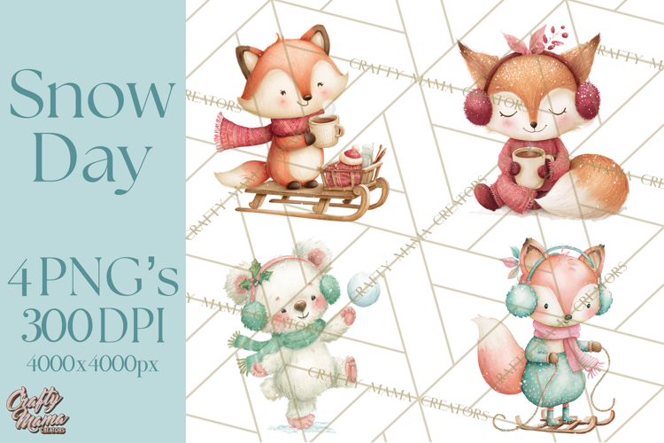Snow Day Fun PNG, Watercolor Winter Animal Clipart