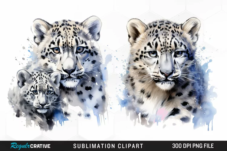 Watercolor Snow Leopard Sublimation PNG Clipart