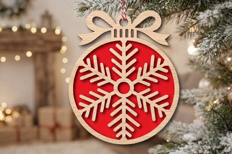 Snowflake Bauble Laser Cut Wood File, Christmas Ornament SVG example image 1
