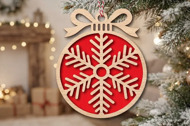 Snowflake Bauble Laser Cut Wood File, Christmas Ornament SVG
