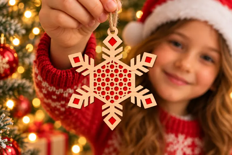 Snowflake Bauble Laser Cut Wood File, Christmas Ornament SVG