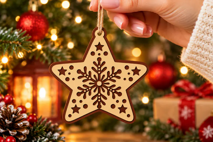 Snowflake Star Bauble SVG, Layered Laser Cut Wood Design