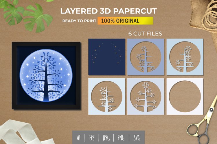 3D Shadowbox Tree With Hexagon Snowflake Leaves Papercut 3D Shadowbox Tree With Hexagon Snowflake Leaves Papercut
