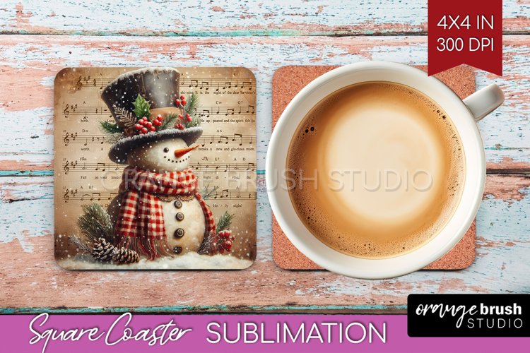 Snowman Square Coaster - Vintage Christmas Coaster PNG