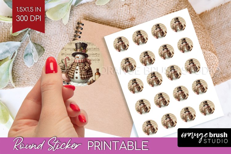 Snowman Round Sticker - Vintage Christmas Printable Sticker