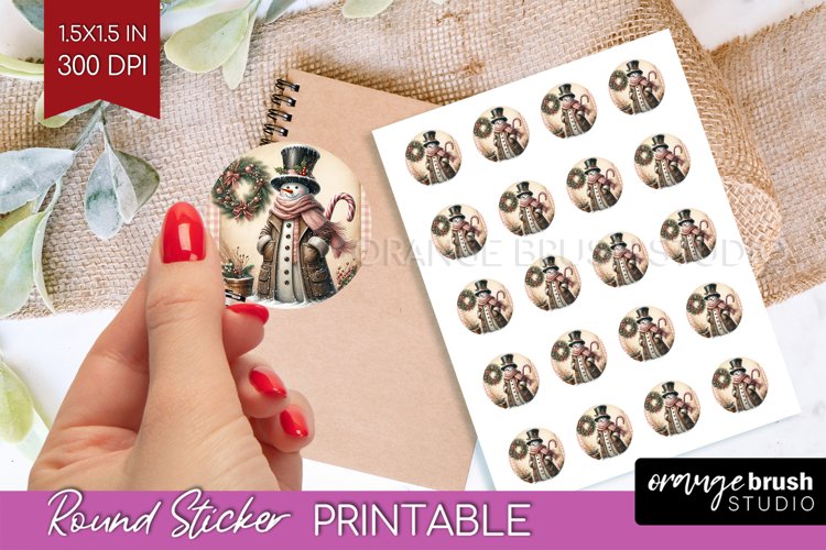 Snowman Round Sticker - Vintage Christmas Printable Sticker