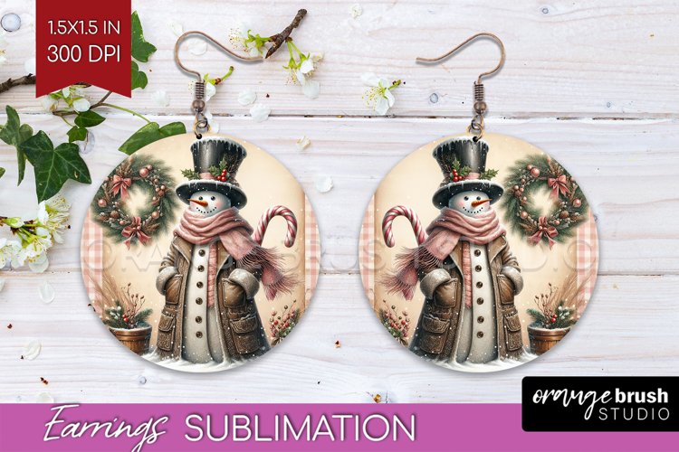 Snowman Round Earrings - Vintage Christmas PNG Sublimation
