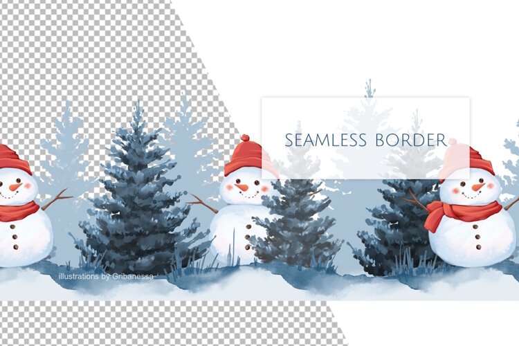 Snowman and Blue Spruce Winter Border PNG example image 1