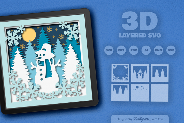 Snowman at Winter Forest Night Layered Papercut example image 1