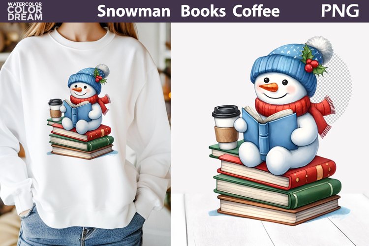 Snowman Book Coffee Clipart | Snowman Reading Sublimation