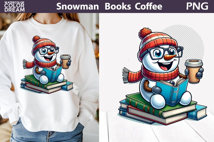 Snowman Book Coffee Clipart | Snowman Reading Sublimation