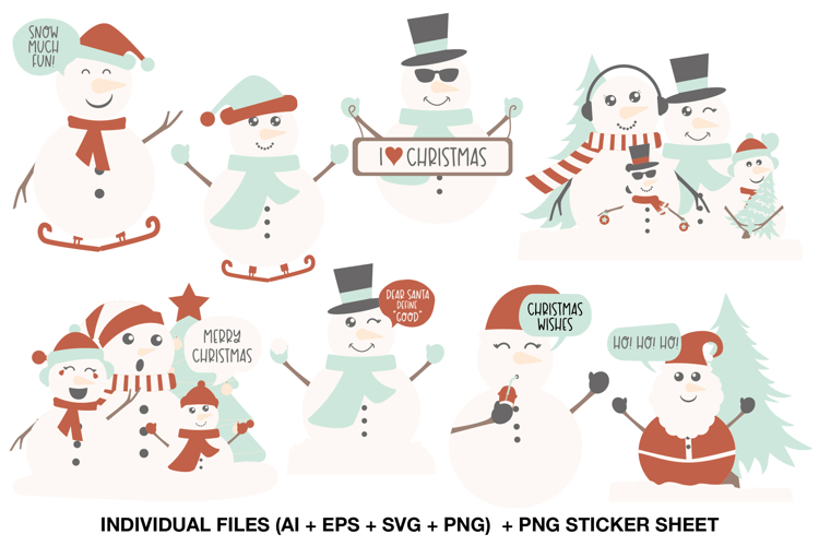 Snowman Christmas Clipart Bundle, Winter PNG Sticker Set