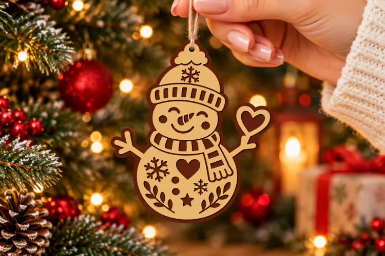 Snowman Christmas Ornament SVG, Laser Cut Glowforge File