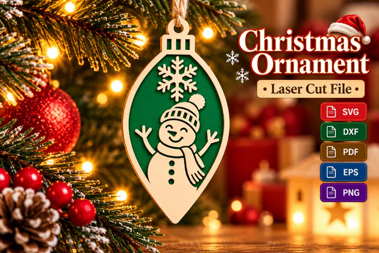 Snowman Christmas Ornament SVG, Laser Cut Holiday Bauble