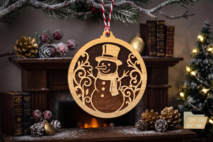 Snowman Christmas Ornament SVG,Round Laser Cut Wooden