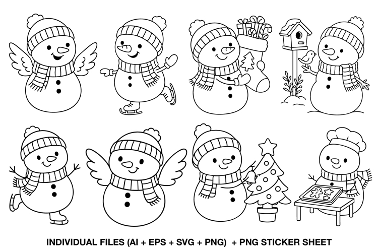Snowman Line Art Clipart Set, Christmas PNG Pack
