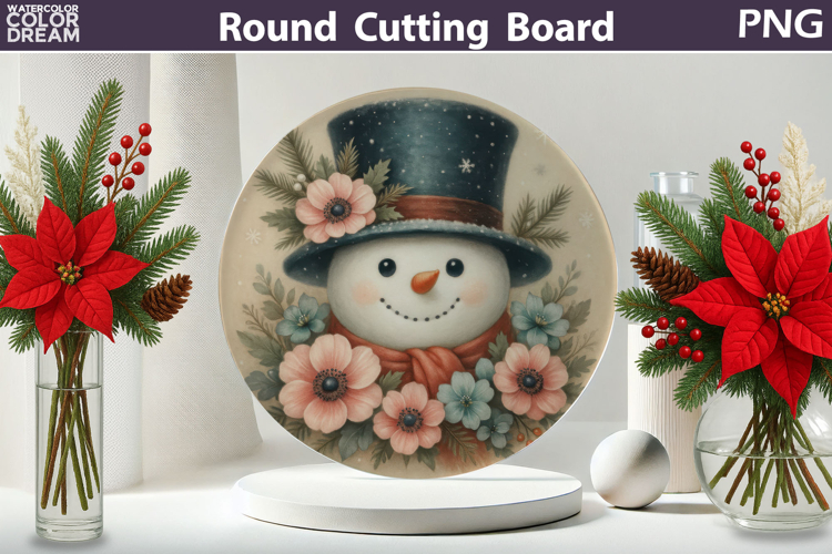 Snowman Floral Kitchen | Christmas Round Cutting Board