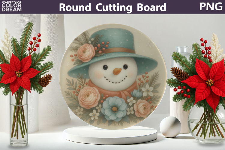 Snowman Floral Kitchen | Christmas Round Cutting Board
