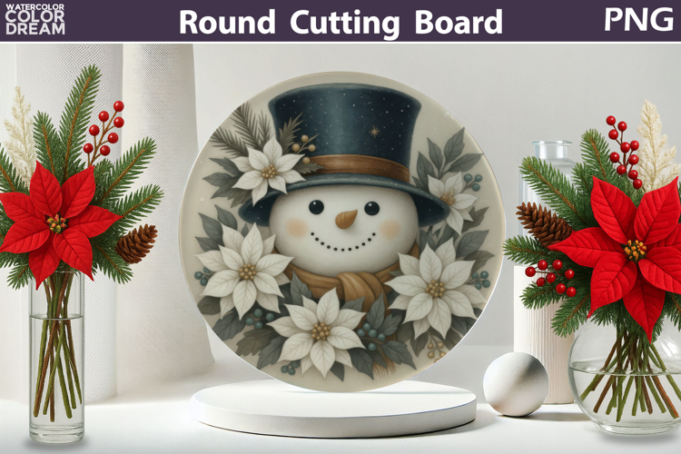 Snowman Floral Kitchen | Christmas Round Cutting Board