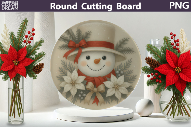 Snowman Floral Kitchen | Christmas Round Cutting Board