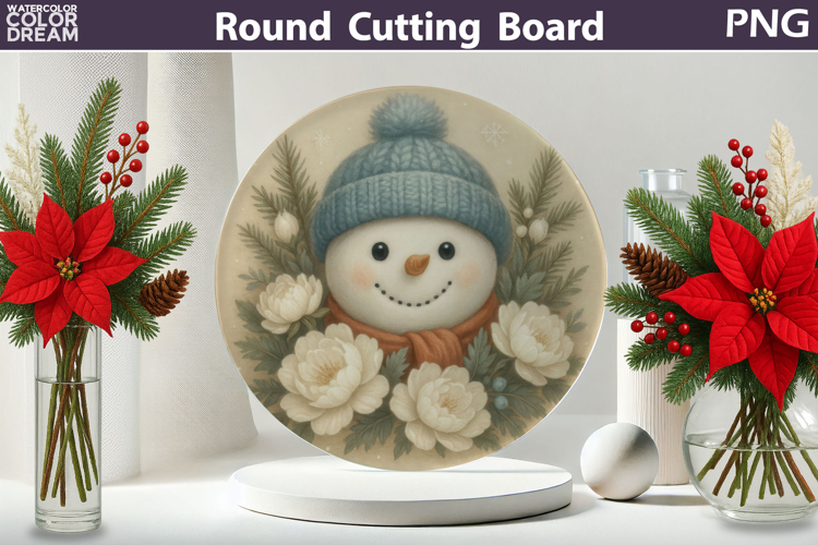 Snowman Floral Kitchen | Christmas Round Cutting Board