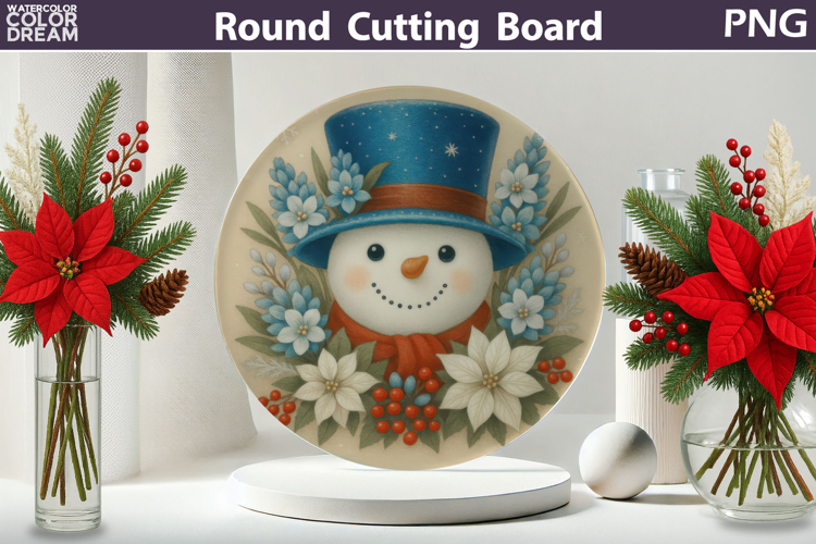 Snowman Floral Kitchen | Christmas Round Cutting Board